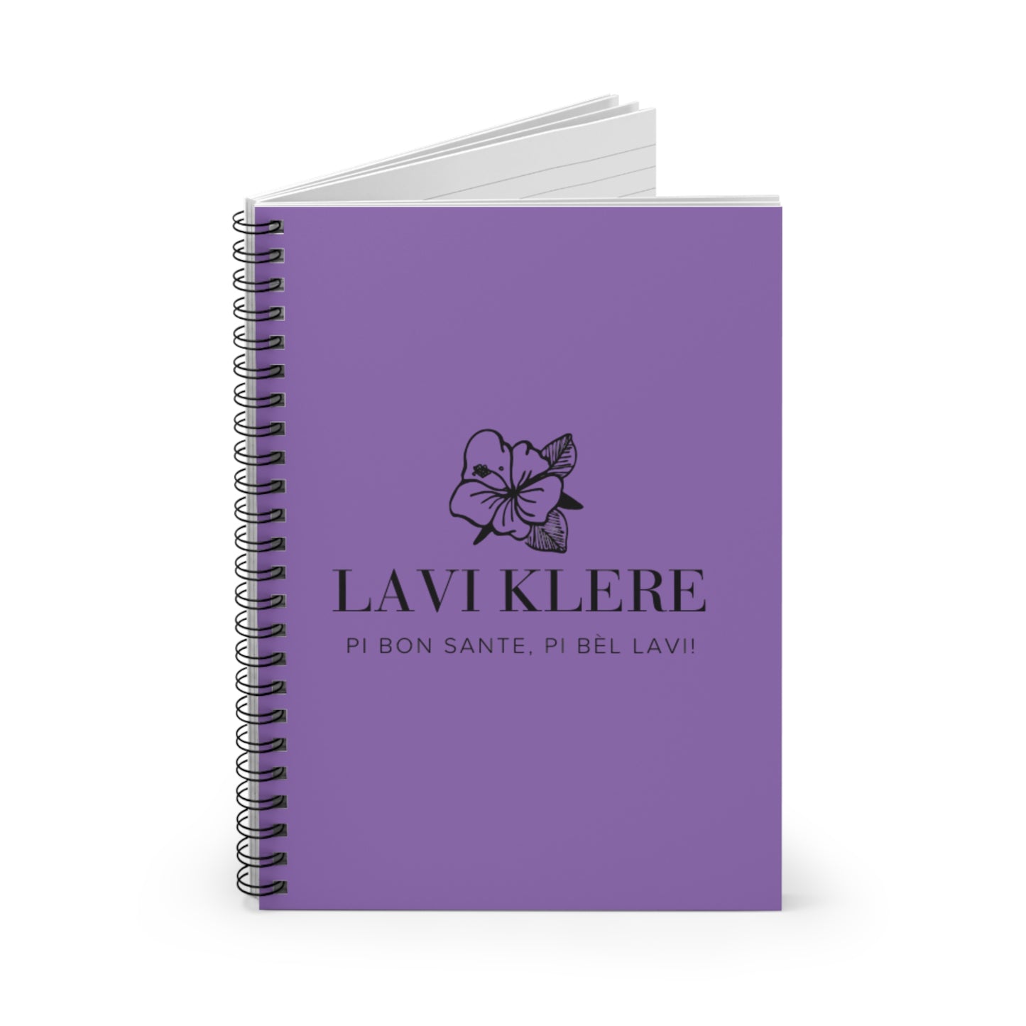 Lavi Klere Spiral Notebook — Purple Floral Cover, "Pi Bon Sante, Pi Bèl Lavi" Ruled Journal