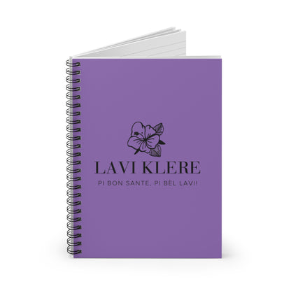 Lavi Klere Spiral Notebook — Purple Floral Cover, "Pi Bon Sante, Pi Bèl Lavi" Ruled Journal